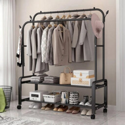 Mobile Double Clothes Rail Garment Display Rack W/ 2Tier Storage Shelf & Hooks - thumbnail 1