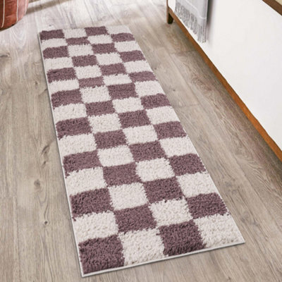 Chester Living Room Shaggy Area Rug Modern - Contemporary Checkered Design - Hallway Runner Indoor Rug Lilac 60X220 Cm - image 1
