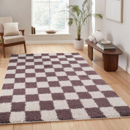 Chester Living Room Shaggy Area Rug Modern - Contemporary Checkered Design - Hallway Runner Indoor Rug Lilac 60X220 Cm - thumbnail 5