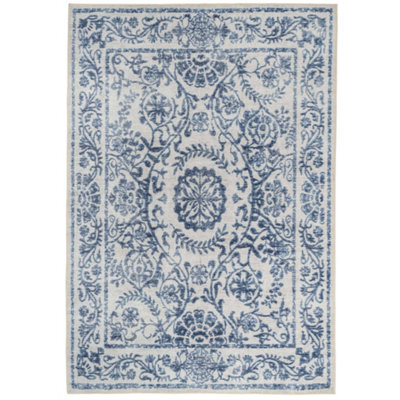 Loomed Blue White Floral Bordered Washable Non Slip Rug 200X290Cm - image 1