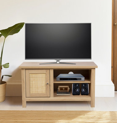 Hallowood Furniture Newquay Oak Effect Small Tv Stand With Real Rattan Front