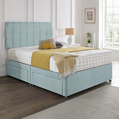 Dining Tables Oslo Matching Headboard Divan Set, 2 Drawer On Same Side With Sprung 1500 Comfort Mattress - Chenille Pale Blue - King - image 1
