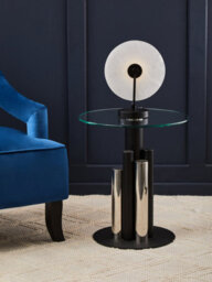 Orsina Glass Silver And Black Base Side Table, Clear Tempered Glass Round Tabletop, Modern Column Base - thumbnail 2