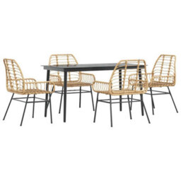 Berkfield 5 Piece Garden Dining Set Brown Poly Rattan Glass - thumbnail 2