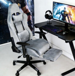 Home Treats Grey Suede Gaming Chair With Footrest Pillow Office Computer Chair With Added Lumbar Support - thumbnail 7