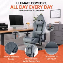Home Treats Grey Suede Gaming Chair With Footrest Pillow Office Computer Chair With Added Lumbar Support - thumbnail 3