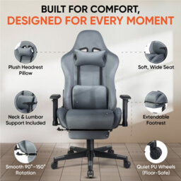 Home Treats Grey Suede Gaming Chair With Footrest Pillow Office Computer Chair With Added Lumbar Support - thumbnail 5