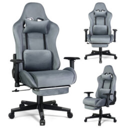 Home Treats Grey Suede Gaming Chair With Footrest Pillow Office Computer Chair With Added Lumbar Support