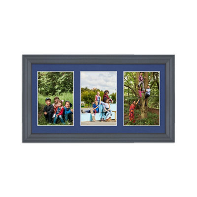 AK Frames 40X20Cm Dark Grey Classic Multi Photo Frame With Blue Mount - Holds 3 Apertures (3X) 6X4 Photos - image 1