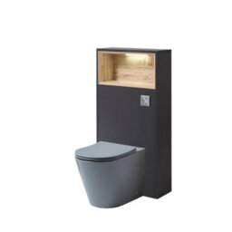 Homestylestore 600mm Black Grey Floorstanding Bathroom Wc Unit Led Lit Shelf Pebble Toilet And Chrome Flush Button - thumbnail 1
