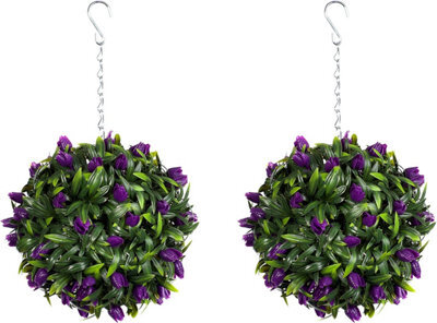 Pair Of Best Artificial 24Cm Purple Lush Tulip Hanging Basket Flower Topiary Ball - Weather & Fade Resistant - image 1