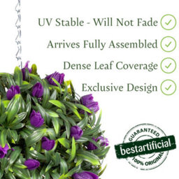 Pair Of Best Artificial 24Cm Purple Lush Tulip Hanging Basket Flower Topiary Ball - Weather & Fade Resistant - thumbnail 2