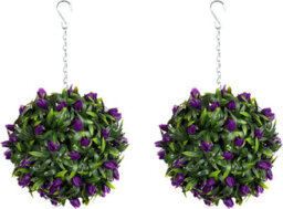 Pair Of Best Artificial 24Cm Purple Lush Tulip Hanging Basket Flower Topiary Ball - Weather & Fade Resistant
