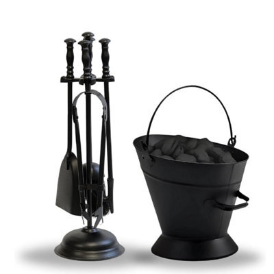 Black Waterloo Coal & Log Hod Bucket With 5-Piece Cast Iron Loop Design Fireplace Companion Tool Set - image 1