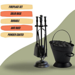 Black Waterloo Coal & Log Hod Bucket With 5-Piece Cast Iron Loop Design Fireplace Companion Tool Set - thumbnail 2