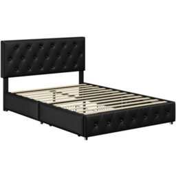 Yaheetech Faux Leather Bed Frame W/ Adjustable Headboard And 2 Drawers Storage - Black / Double - thumbnail 3