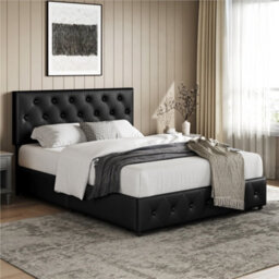 Yaheetech Faux Leather Bed Frame W/ Adjustable Headboard And 2 Drawers Storage - Black / Double - thumbnail 2