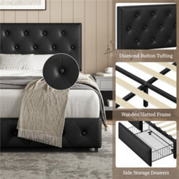 Yaheetech Faux Leather Bed Frame W/ Adjustable Headboard And 2 Drawers Storage - Black / Double - thumbnail 5