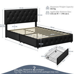 Yaheetech Faux Leather Bed Frame W/ Adjustable Headboard And 2 Drawers Storage - Black / Double - thumbnail 4