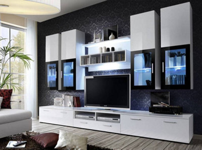 "Arte Lyra Entertainment Unit For Tvs Up To 60"" - Bright All-White Elegance - W3000mm X H1900mm X D450mm"