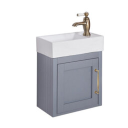 Homestylestore Light Grey 400mm Wall Hung Bathroom Vanity Unit With Basin And Aged Gold T Bar Handle - thumbnail 1
