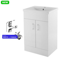 FNX Bathrooms 500mm Gloss White Bathroom Vanity Unit With Basin, Soft-Close Doors & Chrome Tap Set - Ideal For Cloakrooms - thumbnail 1