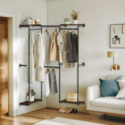 Industrial Pipe Clothes Rack Wall Mounted With Shelves - thumbnail 3