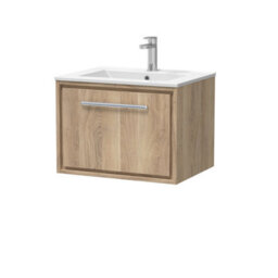 Hudson Reed Lille Wall Hung Single Drawer Contemporary Vanity Unit With 1 Tap Hole Basin In Bleached Oak, 605 X 460mm - thumbnail 2