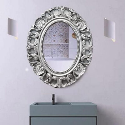 Biznest Oval Baroque Hanging Mirror Beautiful Wall Mirror Chic Mirror Home Decor Best For Gift 54X44Cm ( Silver )