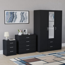 Lassic Vida Designs Riano 3 Piece Bedroom Set (3 Drawer Bedside Chest, 4 Drawer Chest, 3 Door 2 Drawer Mirrored Wardrobe), Black - thumbnail 6