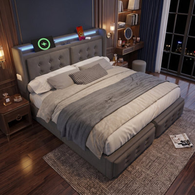 Fenchilin Upholstered King Bed Frame, 5Ft Hydraulic Bed With Led Lighting, Usb Type-C Charging Grey - image 1