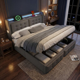 Fenchilin Upholstered King Bed Frame, 5Ft Hydraulic Bed With Led Lighting, Usb Type-C Charging Grey - thumbnail 2