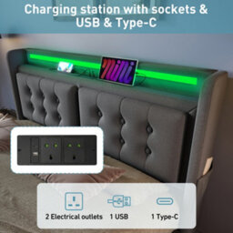 Fenchilin Upholstered King Bed Frame, 5Ft Hydraulic Bed With Led Lighting, Usb Type-C Charging Grey - thumbnail 6