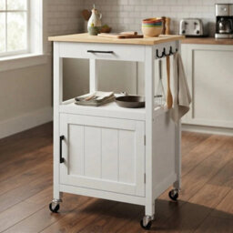 Modern Kitchen Storage Trolley With 2 Shelves & Lockable Rolling Wheels, White - thumbnail 6