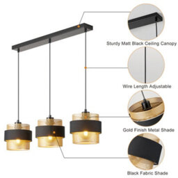 Harper Living 3-Light Pendant Light, Kitchen Island Lighting - Black Fabric & Gold Mesh Metal Shade - Dining Room - thumbnail 5
