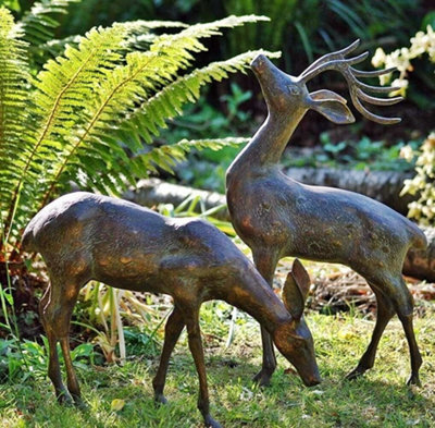 Inspirational Gifting Medium Stag And Doe Deer Garden Sculptures Cast Aluminium With Aged Finish - image 1