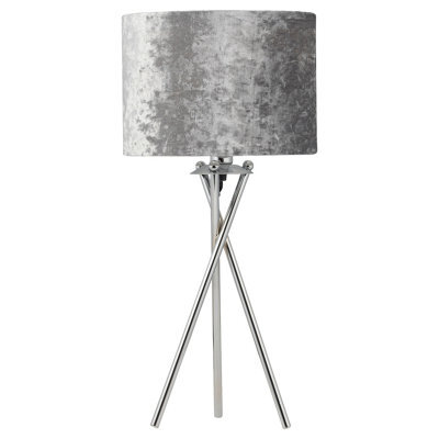 First Choice Lighting Chrome Tripod Table Lamp With Grey Crushed Velvet Shade - image 1