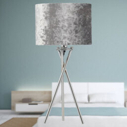 First Choice Lighting Chrome Tripod Table Lamp With Grey Crushed Velvet Shade - thumbnail 4