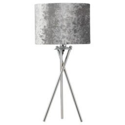 First Choice Lighting Chrome Tripod Table Lamp With Grey Crushed Velvet Shade