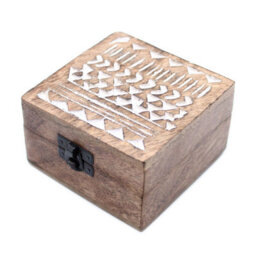White Washed Wooden Box With Aztec Design - Compact Storage & Decor - thumbnail 1