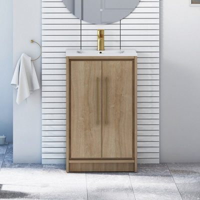 Royal Bathrooms Livora 500mm Natural Oak Floor Standing Vanity Cloakroom Unit 2 Door With Minimalist Basin & Brushed Brass Handle - image 1