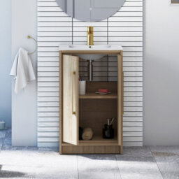 Royal Bathrooms Livora 500mm Natural Oak Floor Standing Vanity Cloakroom Unit 2 Door With Minimalist Basin & Brushed Brass Handle - thumbnail 4