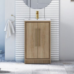 Royal Bathrooms Livora 500mm Natural Oak Floor Standing Vanity Cloakroom Unit 2 Door With Minimalist Basin & Brushed Brass Handle - thumbnail 1