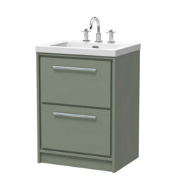 Balterley Longnor Modern Bathroom 2 Soft Close Drawer Floor Standing Vanity Unit Fireclay Basin, Fern Green, 600mm - thumbnail 1