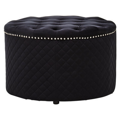 Premier Housewares Interiors By Premier Round Black Velvet Ottoman, Luxurious Padded Footstool With Button Tufted Seat, Stud Detail Tufted Sides - image 1