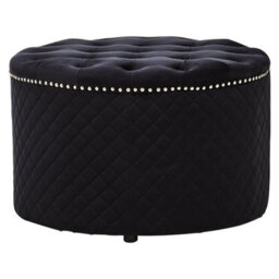 Premier Housewares Interiors By Premier Round Black Velvet Ottoman, Luxurious Padded Footstool With Button Tufted Seat, Stud Detail Tufted Sides - thumbnail 1