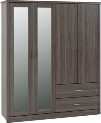Seconique Lisbon 4 Door Mirrored Wardrobe In Black Wood Grain Finish - image 1