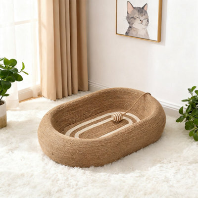 Living And Home 2 In 1 Oval Sisal Cat Scratcher And Bed With Toy Ball And Non-Slip Base, 60Cm W X 40Cm D X 12Cm H