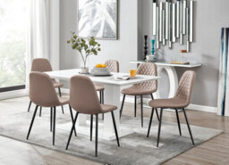 Furniturebox Imperia White High Gloss 6 Seater Dining Table With Structural 2 Plinth Column Legs 6 Beige Faux Leather Gold Leg Corona Chairs