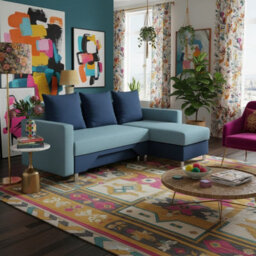 Tom M Corner Sofa Bed For Living Room Chipboard Frame Hr Foam Bonell Spring Wooden Base 215X133X95Cm Light Blue And Blue Right - thumbnail 2